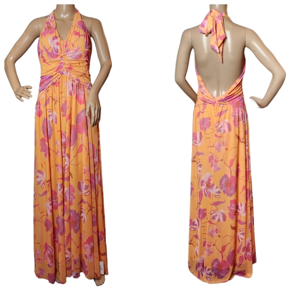 NWT ASOS DESIGN ruched waist halter mesh maxi dress. 70's floral print. Size 10